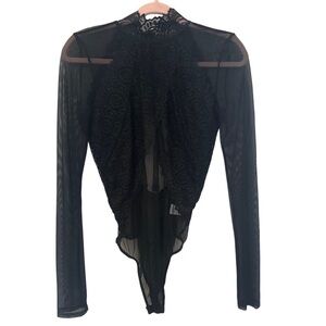 Lulus Black Asymmetrical Sheer Lace Cut Out Bodysuit
